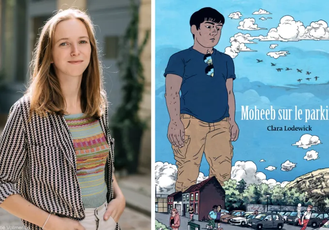 Clara Lodewick et la couverture de sa BD, Moheeb sur le parking. © Chloé Vollmer-Lo