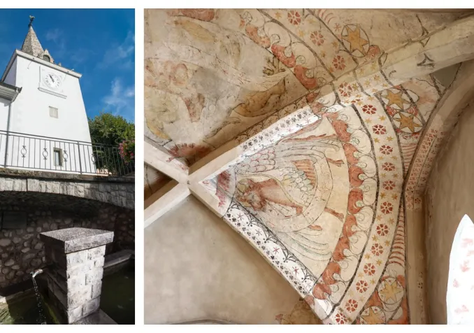 Le temple de Chardonne au cœur du village et la fresque montrant les quatre évangélistes, découverte en 2000 dans le chœur du temple. © Marion Savoy / © Samuel Verdan