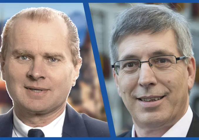 Le conseiller d'État Philippe Leuba, chef du Département de l'économie et du sport, et le municipal Oscar Tosato en charge de la Direction des sports et de la cohésion sociale s’apprêtent à partager la chaire de la Cathédrale, ce dimanche 12 janvier, à l’occasion d’une célébration commune en honneur des JOJ Lausanne 2020. DR