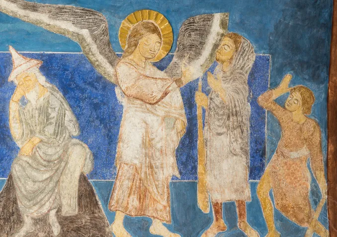 Fresque byzantine dans l'église de Bjaresjo, en Suède: un ange laisse d'heureuses nouvelles aux bergers. © Stig Alenäs | Dreamstime.com