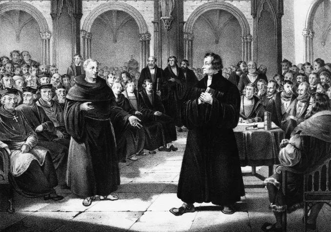 Lithographie représentant Zwingli lors de la dispute de 1523 à l'Hôtel de Ville de Zurich KEYSTONE/IBA-ARCHIV/Str