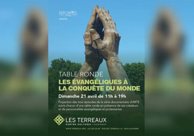 Flyer de la rencontre du 21 avril aux Terreaux Lausanne: Les évangéliques à la conquête du monde