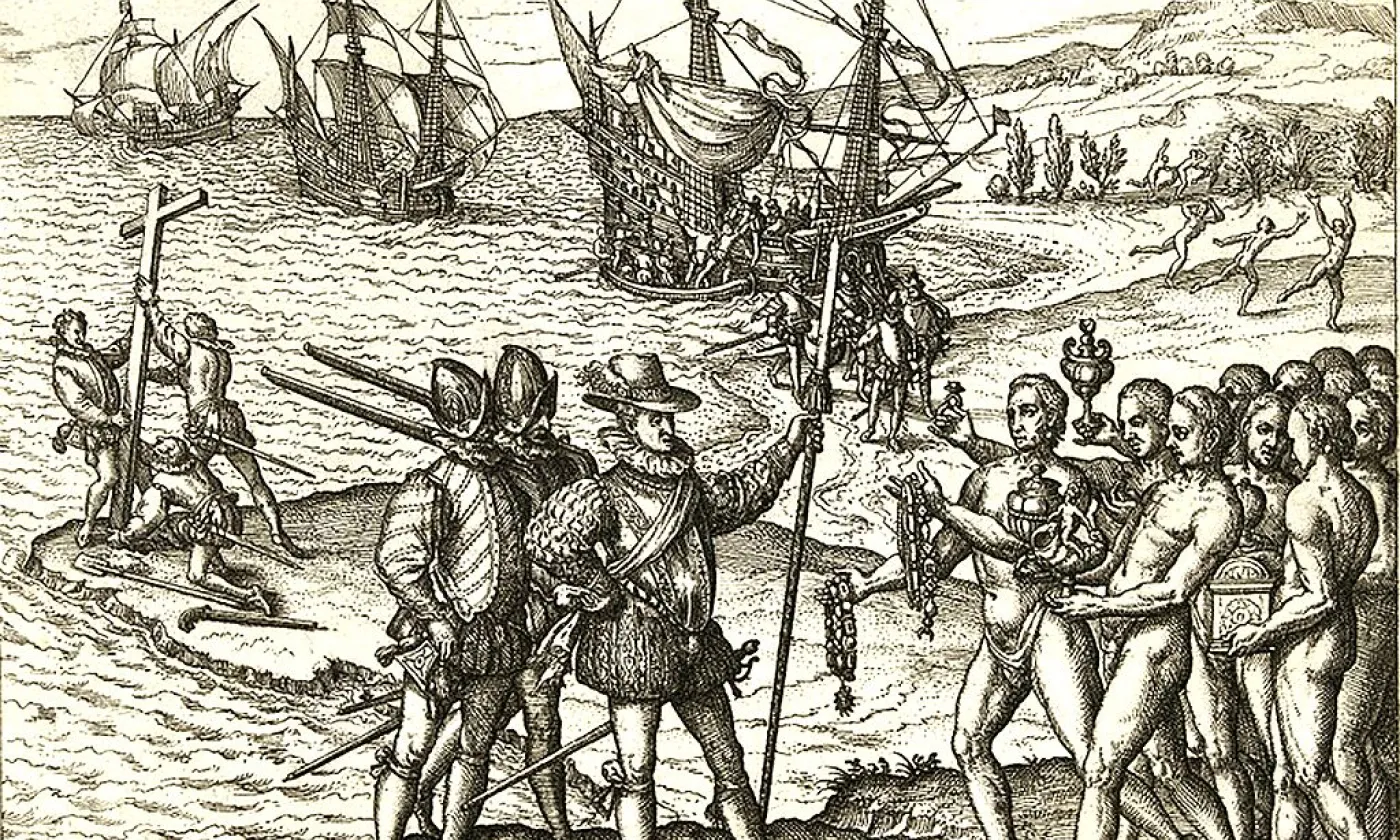 La découverte du Nouveau Monde par Christophe Colomb en 1492, tableau de Theodor de Bry, 1594 ©Domaine public