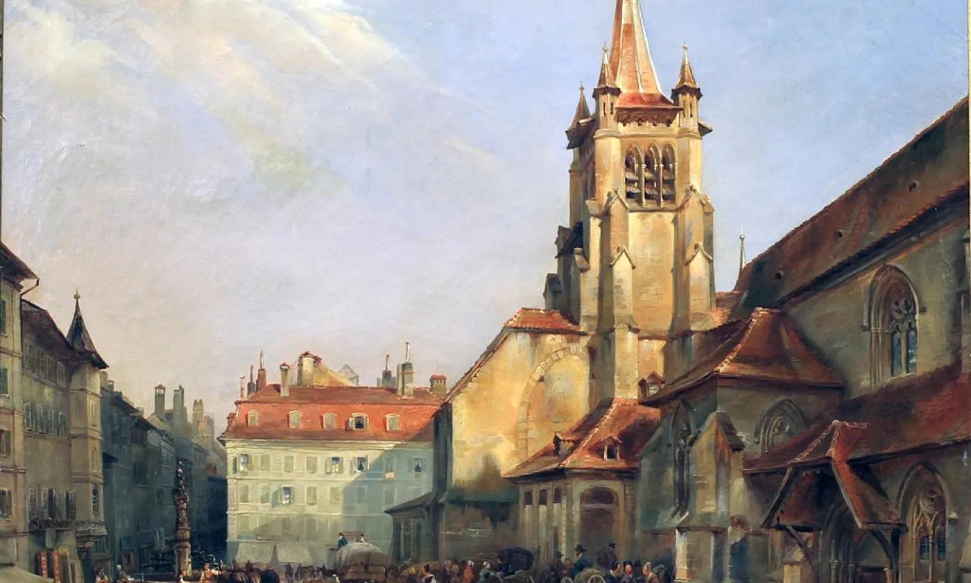 L'église Saint-François, un temple protestant (tableau de 1840, d'auteur inconnu, exposé au Musée historique de Lausanne) ©Domaine public, Wikimedia Commons