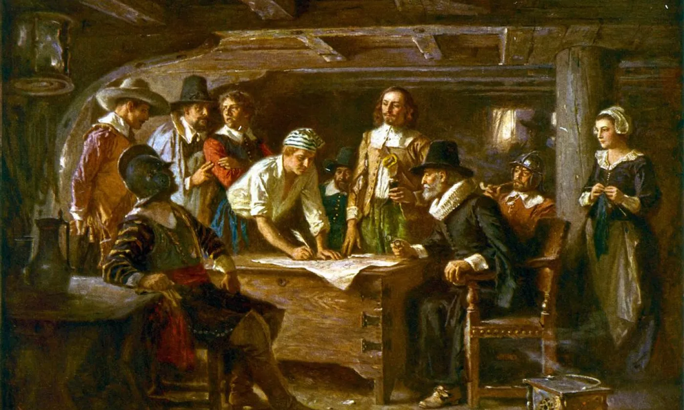 "La signature du Mayflower Compact", tableau d’Edward Percy Moran, conservé au musée de Plymouth. Reproduit par l'artiste Jean Leon Gerome Ferris (1863-1930).. © Jean Leon Gerome Ferris, Public domain, via Wikimedia Commons