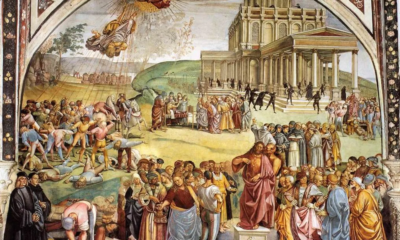 Luca Signorelli (1450-1523): Le Règne de l'Antéchrist, Dôme d'Orvieto (après 1500) Fresque De Luca Signorelli représentant le Règne de l'ANtéchrist. L'artiste s'est représenté en noir dans le coin de la fresque.