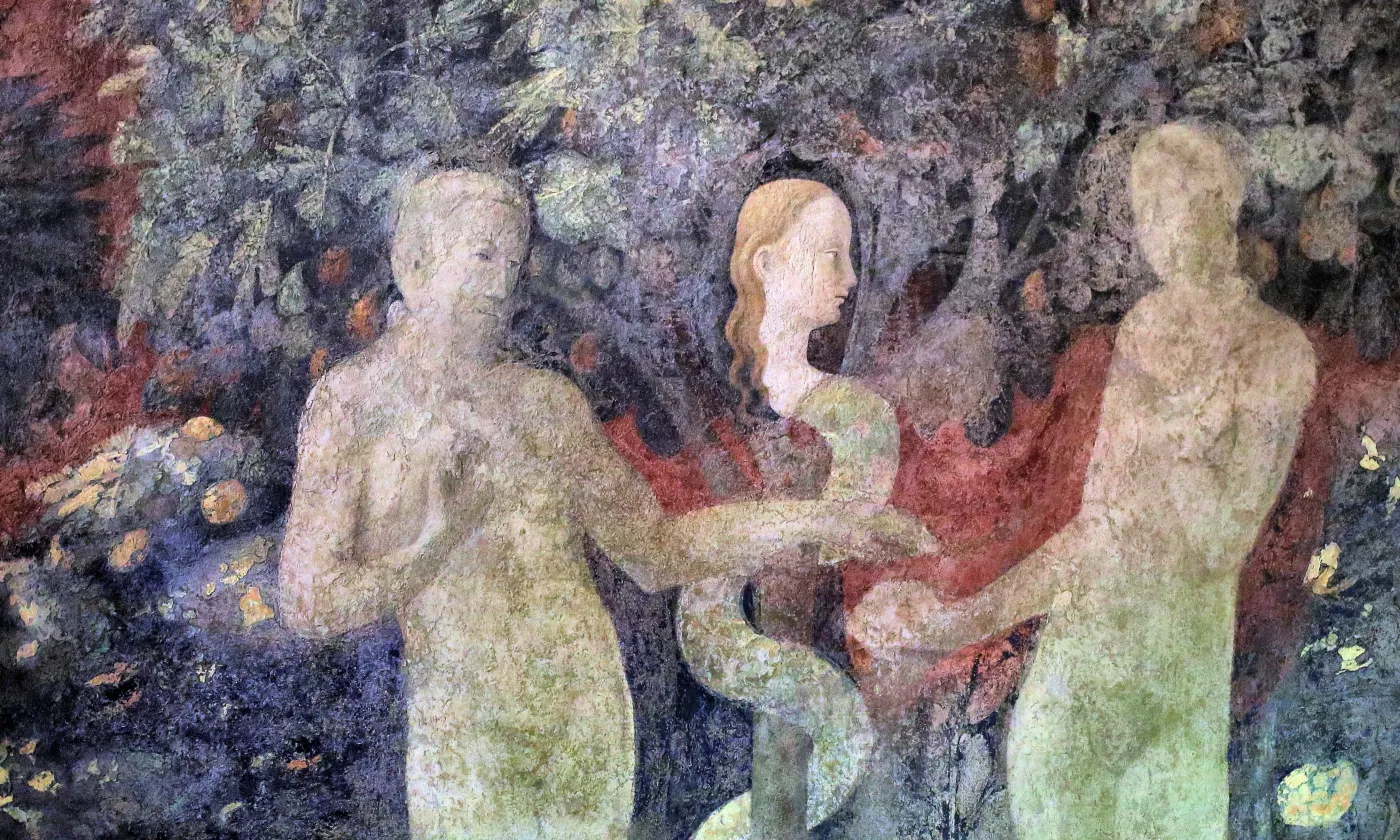 Le Pêché originel, peint par Paolo Uccello (1397-1475), Le Cloître Vert à Florence, Santa Maria Novella. Le mythe de la chute est relaté dans le Livre de la Genèse. Il symbolise l'origine du mal et les souffrances. Le stress et l'angoisse en sont des formes psychiques caractéristiques de notre temps. © Flickr CC BY-NC-SA 2.0 / Jean-Louis Mazières